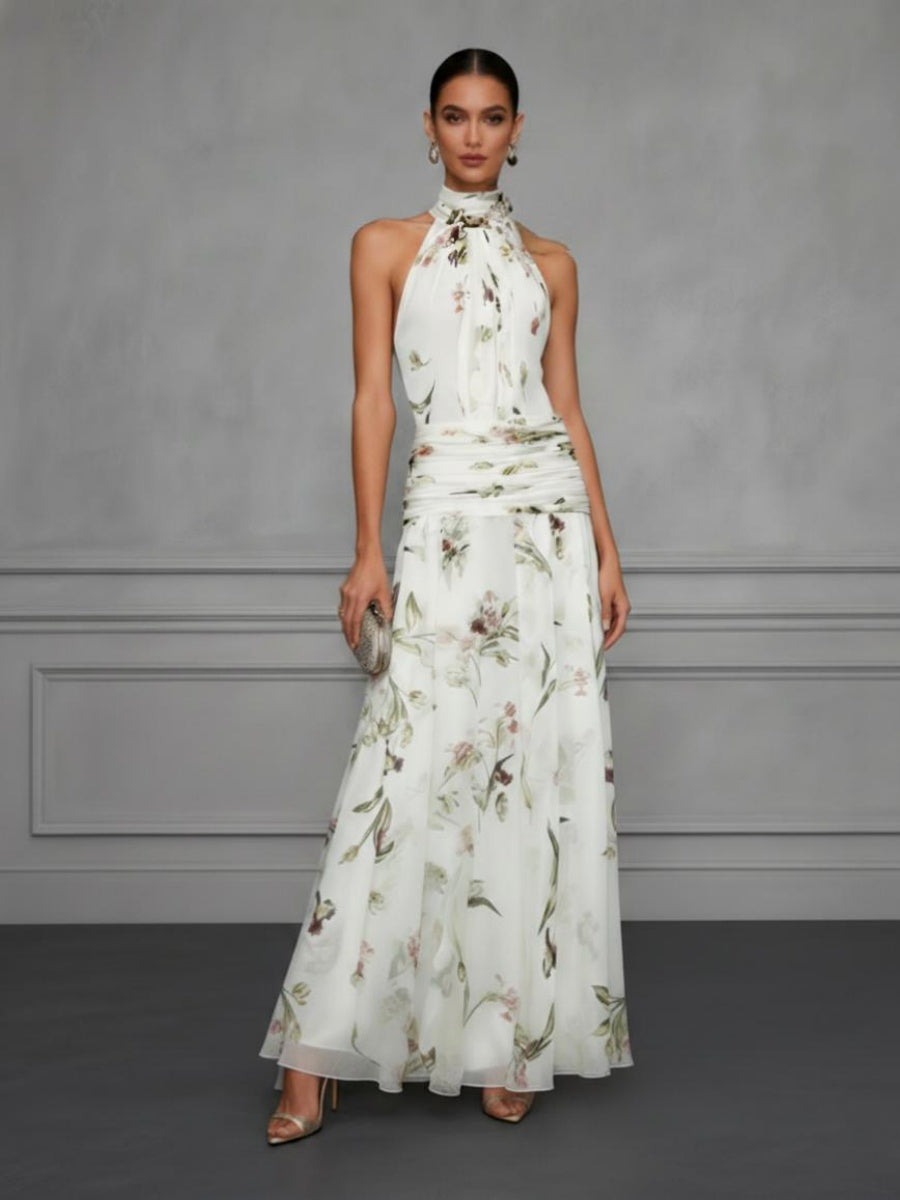 Halter Printed Temperament Waist Parties Maxi Dresses