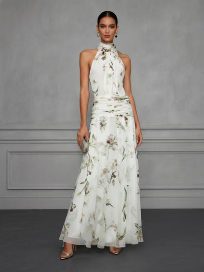 Halter Printed Temperament Waist Parties Maxi Dresses