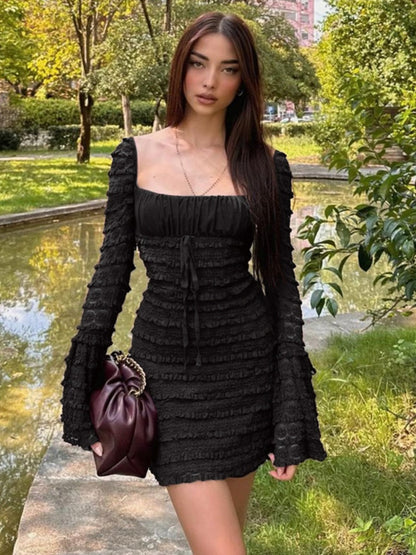 Square Collar Lace Trim Lace Up Long Sleeve Mini&Short Dresses