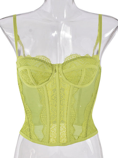 Lace Trim See-through Fishbone Backless Strapless Top Camisoles