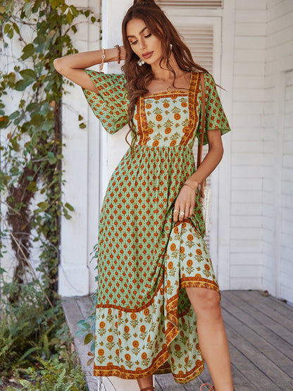 Printed Color-blocked Square Neck Short Sleeve Maxi Dresses