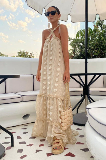 3D Floral Applique Halter Crisscross Tiered Maxi Dress