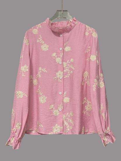 Floral Embroidery Color-blocked V-neck Lantern Sleeve Shirt
