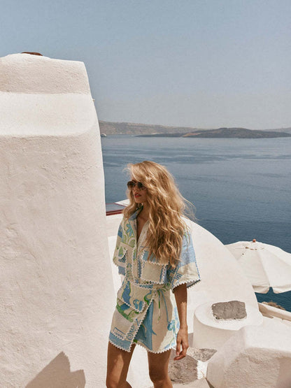 Trim Geometric Print Stylish Shirt And Shorts Two-piece Set