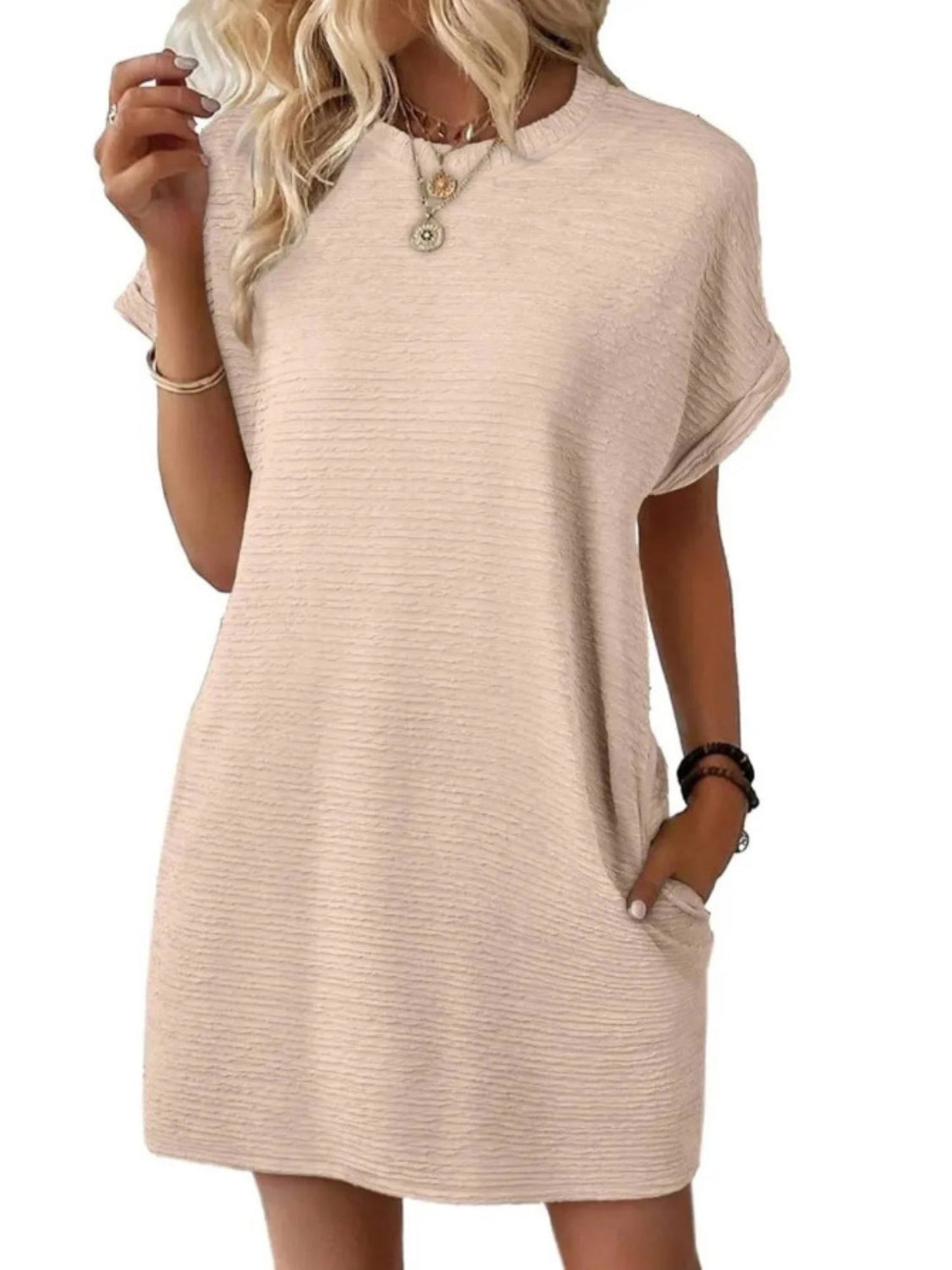 Pocket Crew Neck Short Sleeve Loose-fit Mini&Short Dresses