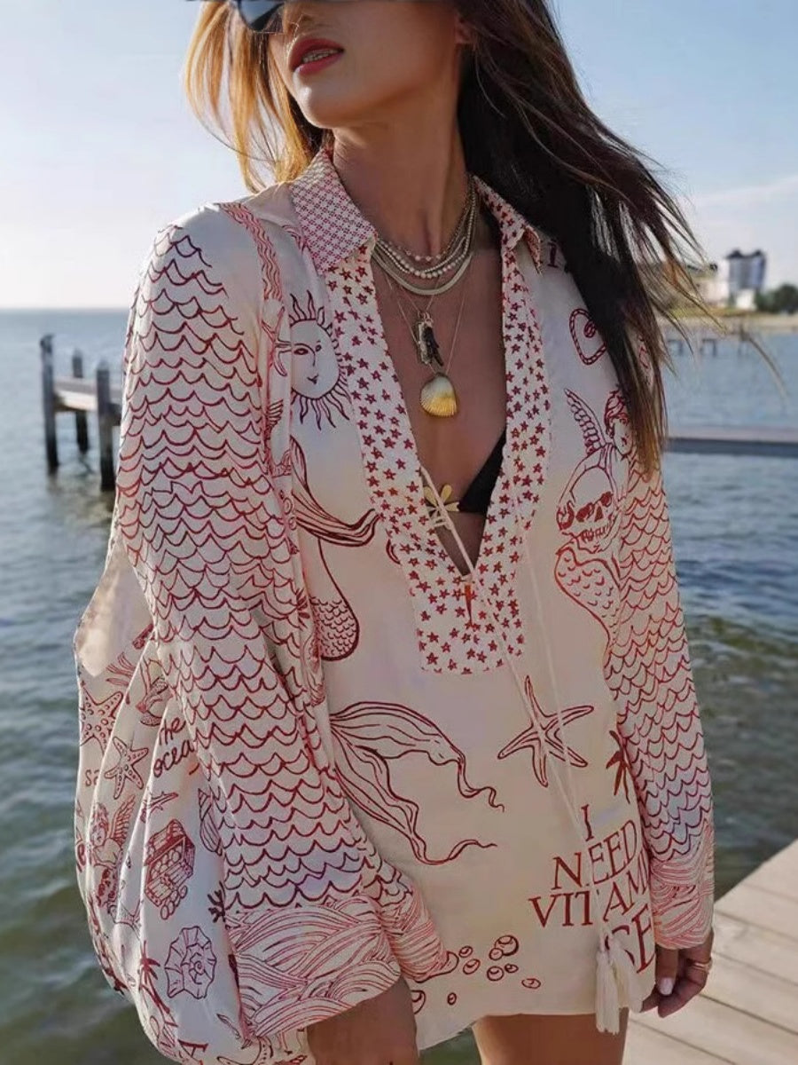 Printed Vacation V-neck Shirt Shorts Set 2-piece Sets
