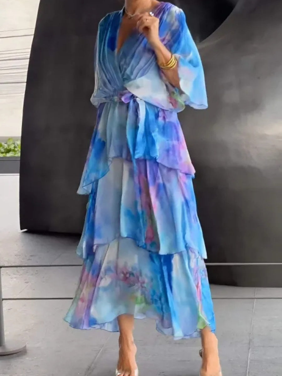 Floral Print Multi-layered Long Dress