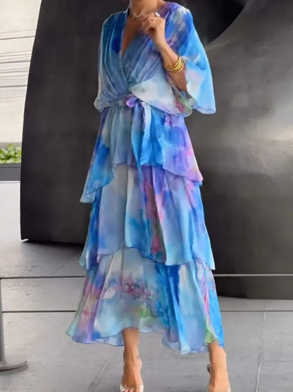Floral Print Multi-layered Long Dress