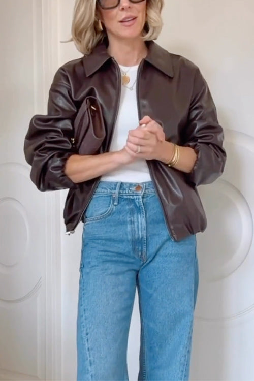 Margovil Lapel Zip Up Faux Leather Bomber Jacket