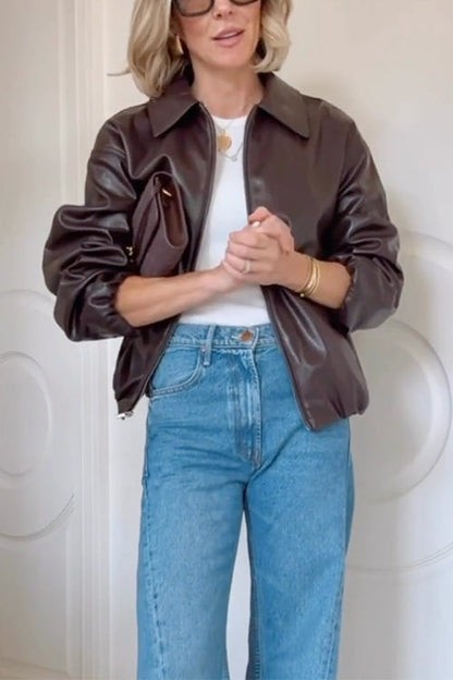 Margovil Lapel Zip Up Faux Leather Bomber Jacket