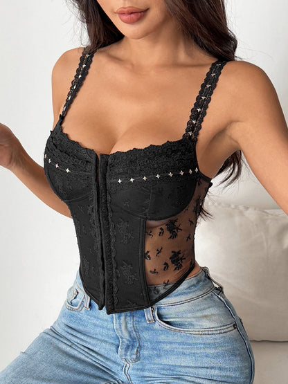 Lace Trim Splicing Perspective Button-down Bra