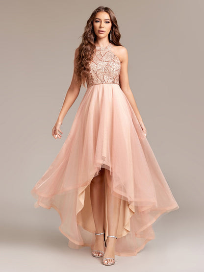 Halter Sequins Mesh Irregular Hem Formal Dress Maxi Dresses