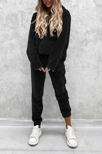 Velour Solid Color Hoodie Long Pants Set