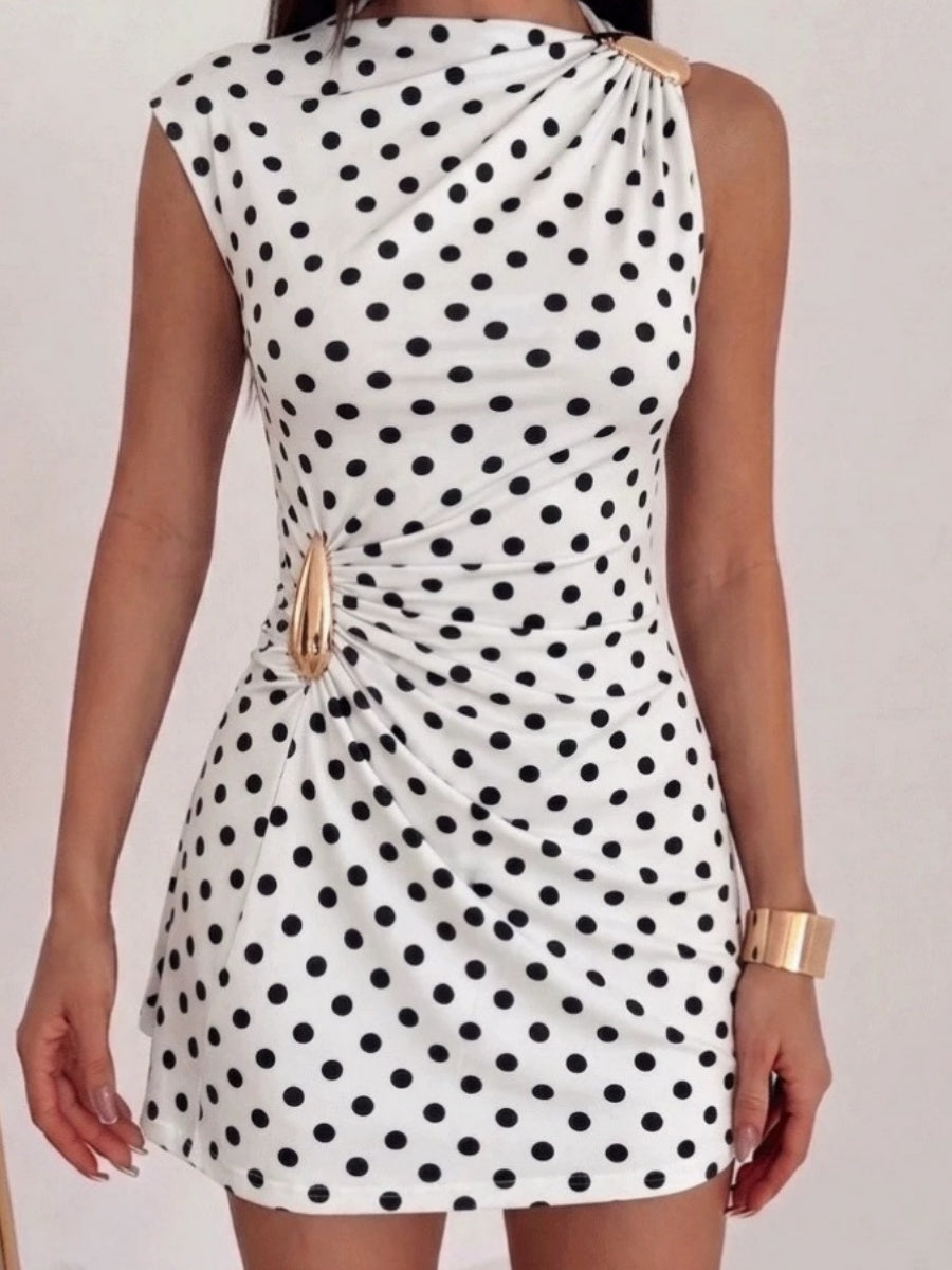 Metal Buckle Pleated Slim-fit Hip-hugging Mini&Short Dresses