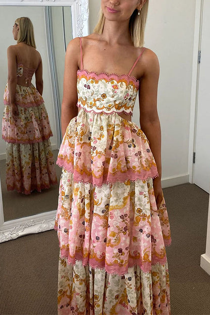 Margovil Spaghetti Strap Back Lace-up Ruffle Layered Floral Print Maxi Dress