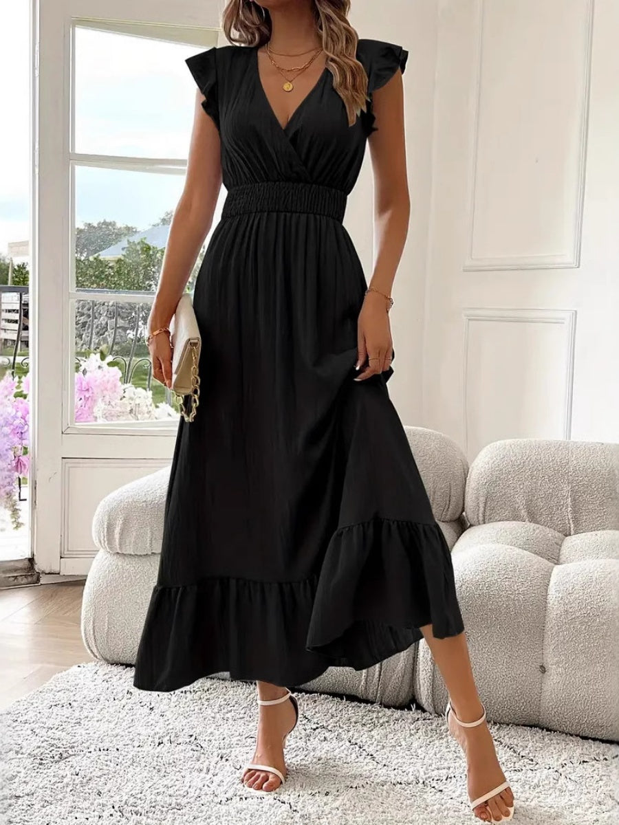 Solid Color Patchwork V-neck Long Dress