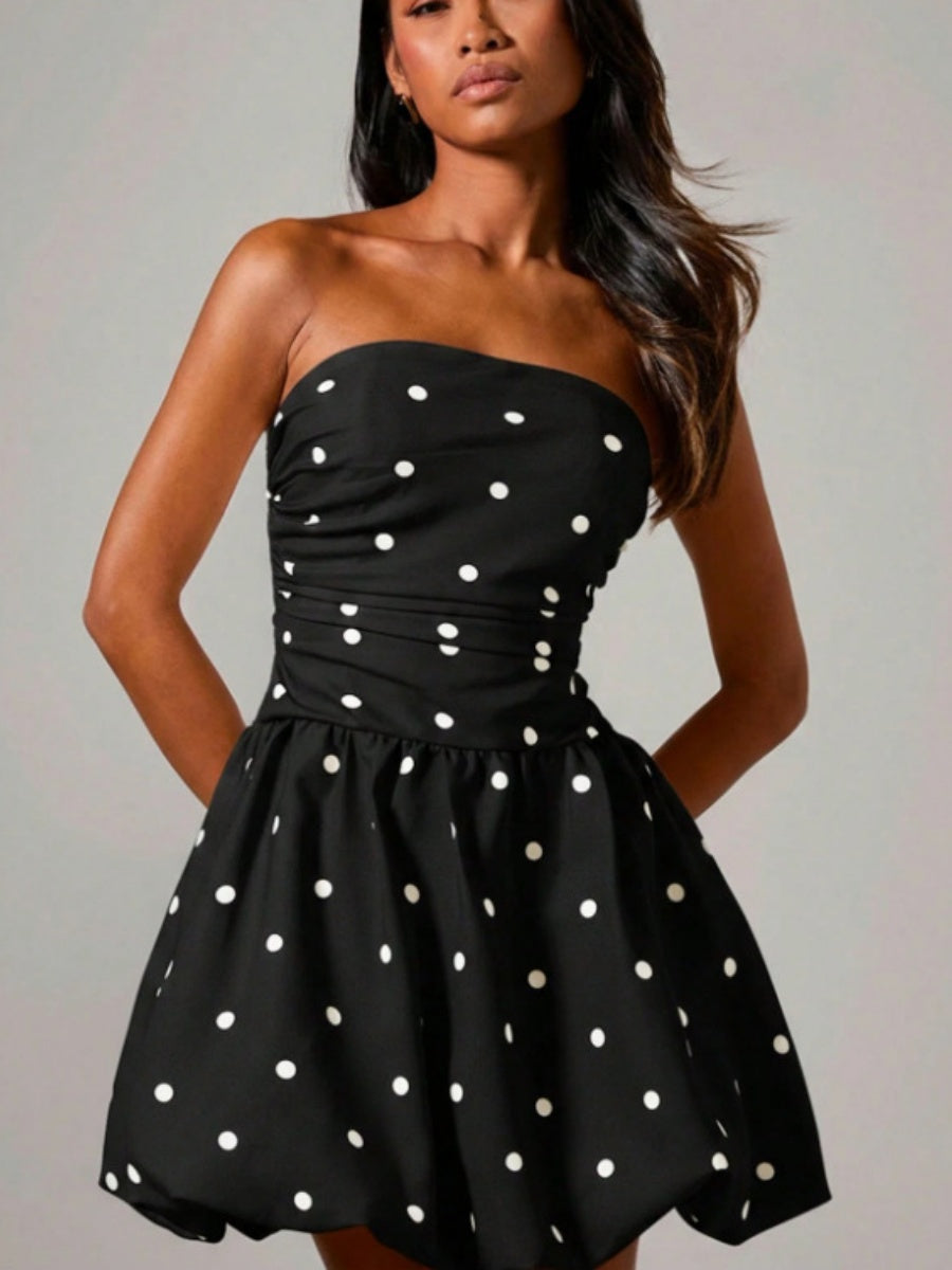 Polka Dot Print Patchwork Strapless Top Mini&Short Dresses