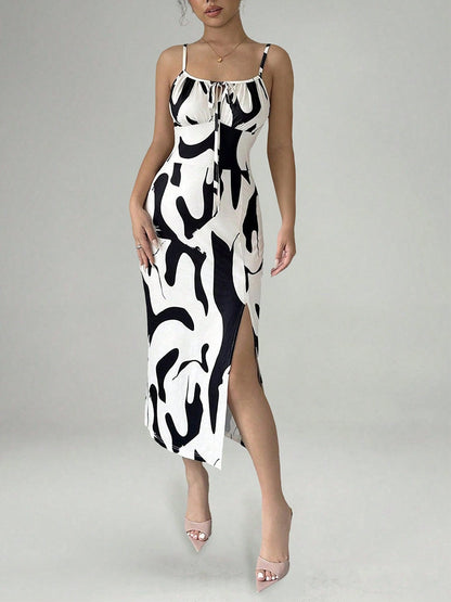 Zebra Print Sexy Vacation-style Slip Dress With Slit Midi Dress