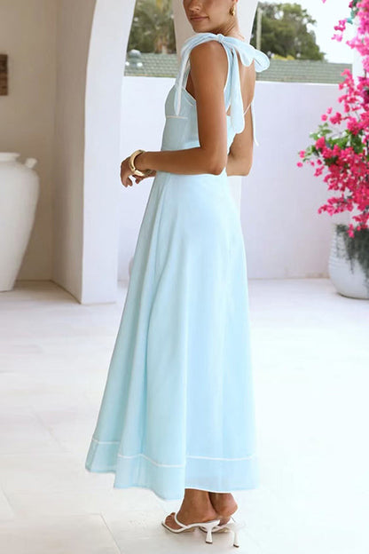 Bow Shoulder Sleeveless Floral Print Swing Maxi Dress
