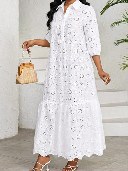Three-quarter Sleeve Loose Shirt Collar Hollowed-out Lace Long Dress