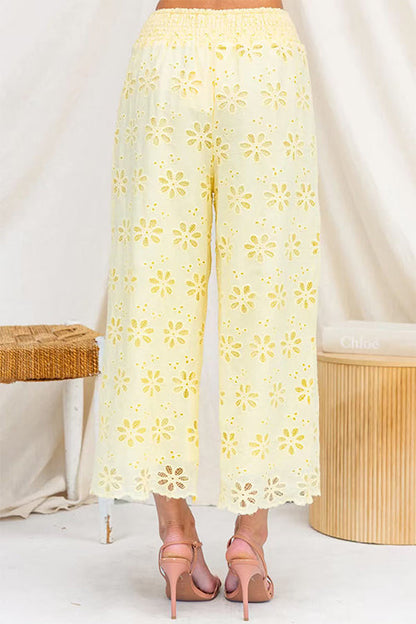 Elastic Waist Floral Lace Hollow Out Wide Leg Pants