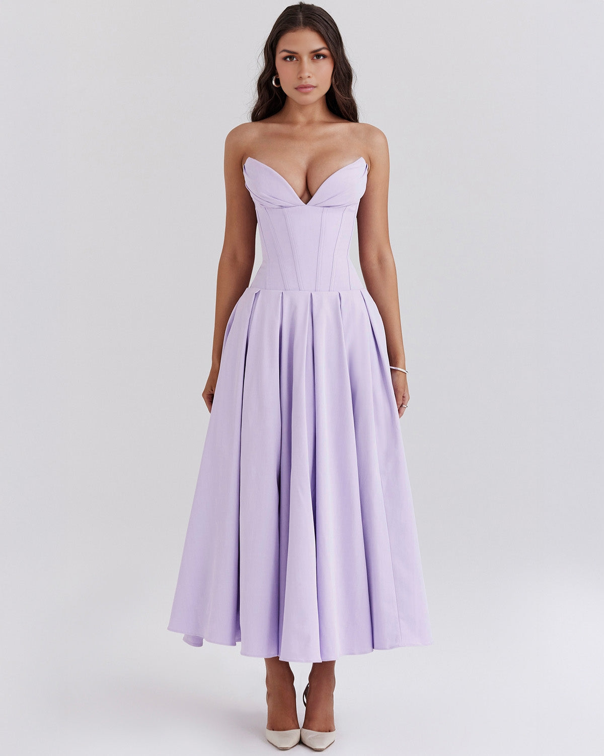 Strapless Pointed Sweetheart Corset Bodice Box Pleat A-Line Midi Dress