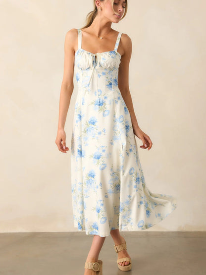 Floral Camisoles Bandage Temperament Slit Sexy Vacation And Leisure Maxi Dresses