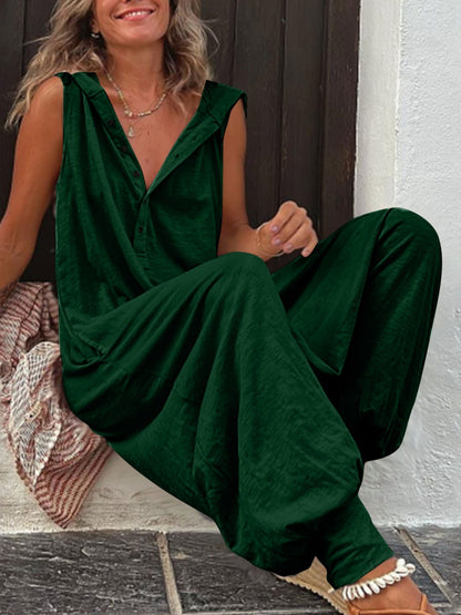 Button-up Hooded Sleeveless Jumpsuit