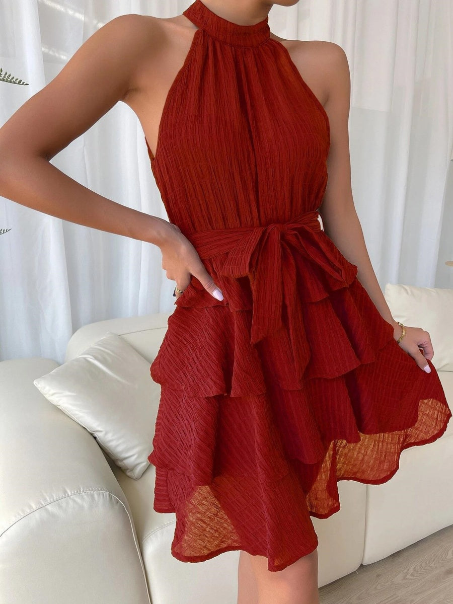 Halter Sleeveless Ruffle Black Mini&Short Dresses
