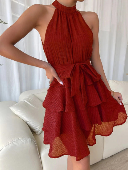 Halter Sleeveless Ruffle Black Mini&Short Dresses
