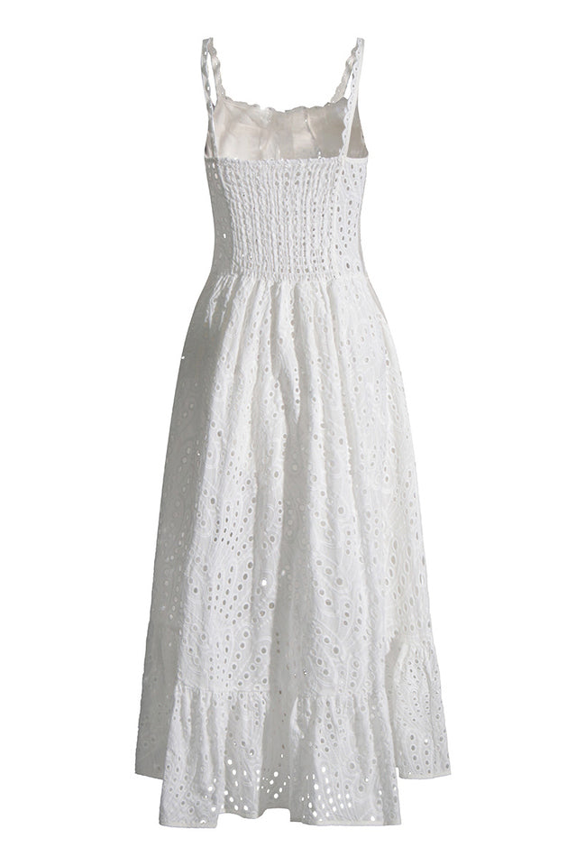 Eyelet Embroidery Spaghetti Strap Smocked Tiered Ruffle Hem Maxi Dress