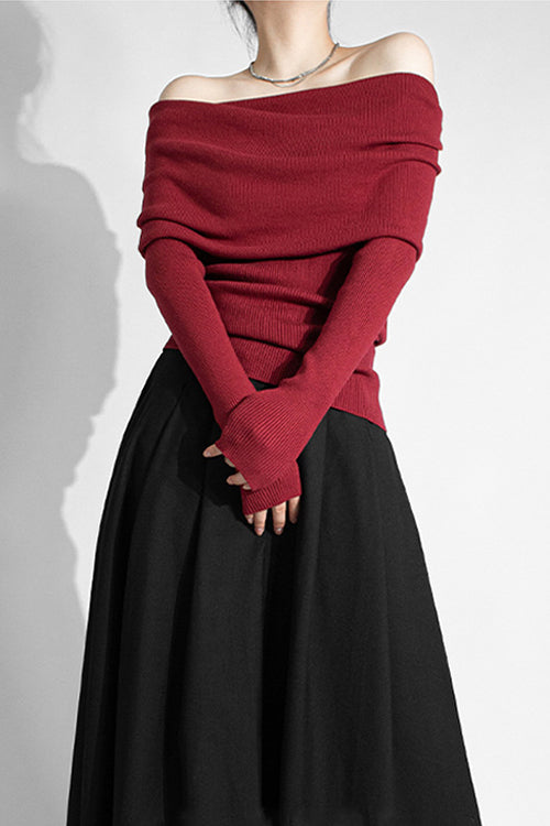 Margovil Off Shoulder Long Sleeves Ribbed Knit Sweater