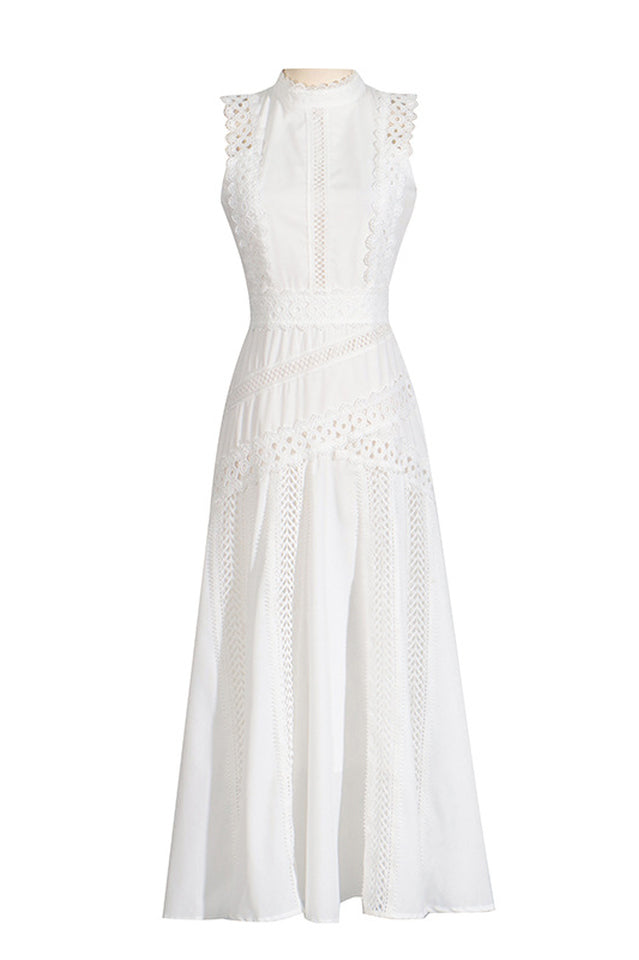 Mock Neck Crochet Lace Trim Eyelet Panel Pleated Fit and Flare Midi Dress