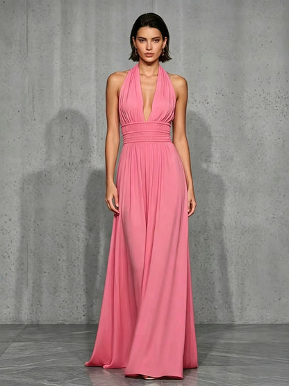 Off-shoulder And Backless Solid Color Halter Neck Long Dress