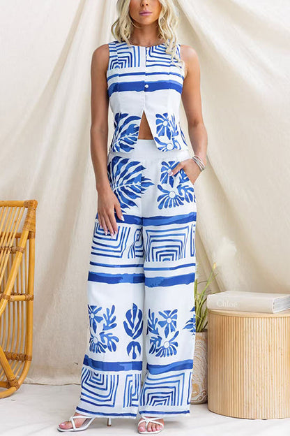 Elastic Waist Wide Leg Printed Pants