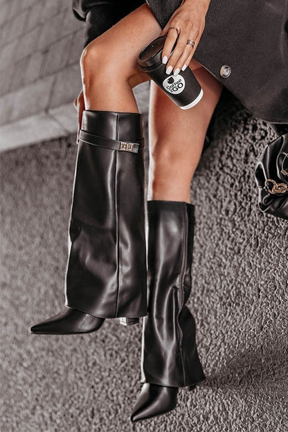Margovil Pointed Toe Fold Over Chunky Block Zipper High Boots