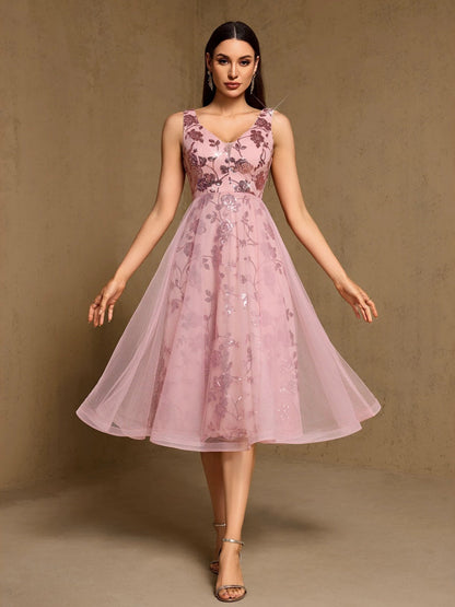 Embroidery Sequins Mesh Sweet Reunion Midi Dresses
