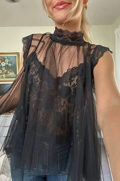 Solid Mockneck Tulle Cover Up Top with Crop Lace Camisole