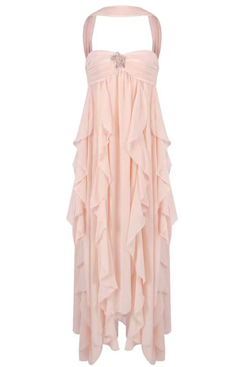 Margovil Sleeveless Open Back Ruffle Trim Slit Maxi Dress
