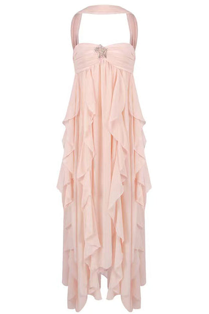 Margovil Sleeveless Open Back Ruffle Trim Slit Maxi Dress