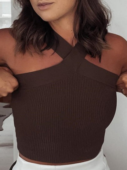 Cross-neck Sleeveless Tights Knitted Vest