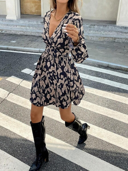 Ruffle Geometric Print Long Sleeve Mini&Short Dresses