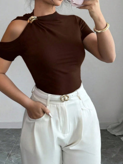 Asymmetrical Neckline, One-shoulder, Metallic Embellishment, Slim-fitting T-shirt
