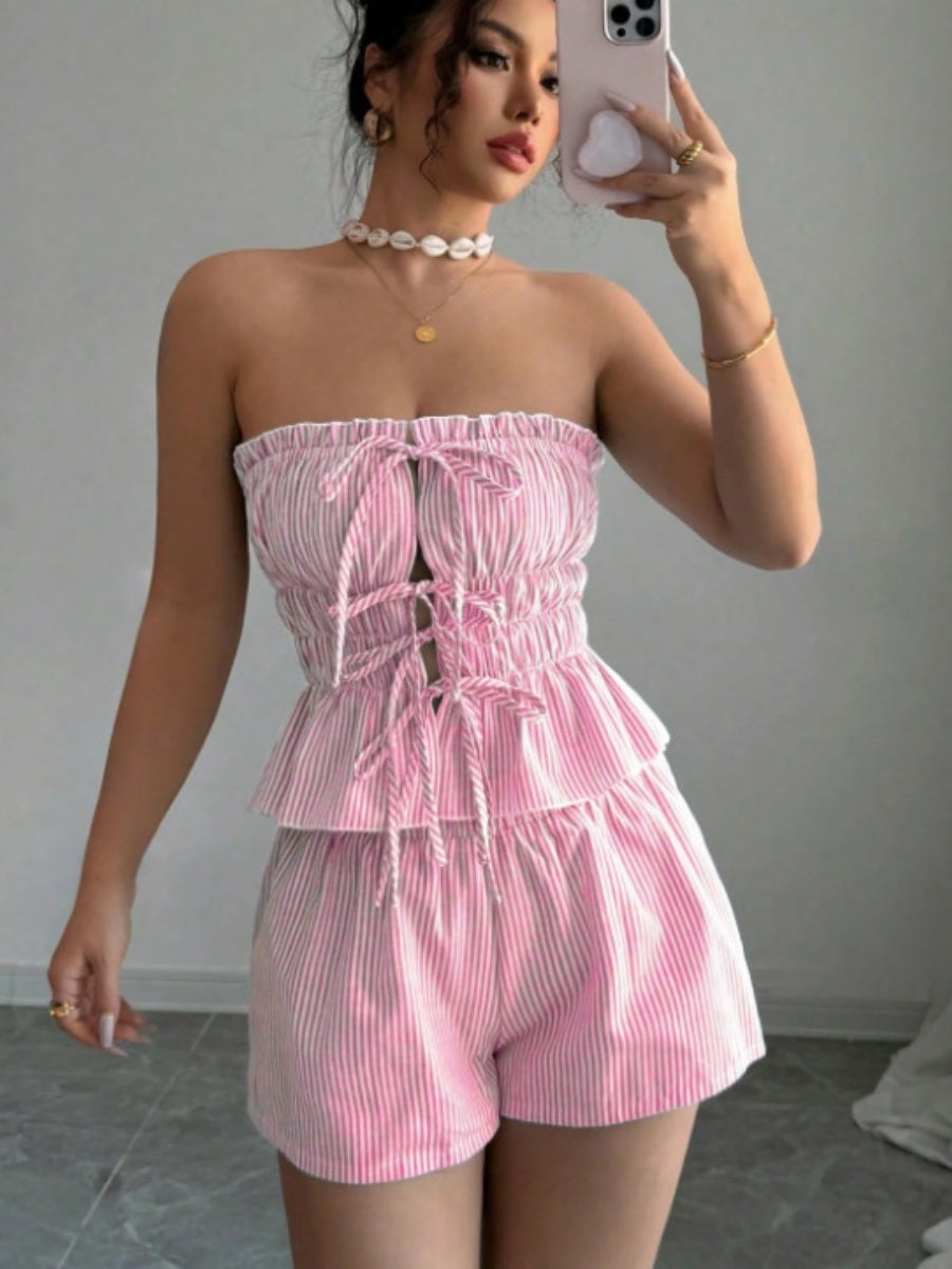 Strapless Striped Ruffled Crop Top And Elastic Waist Shorts Two-piece Set