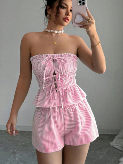 Strapless Striped Ruffled Crop Top And Elastic Waist Shorts Two-piece Set