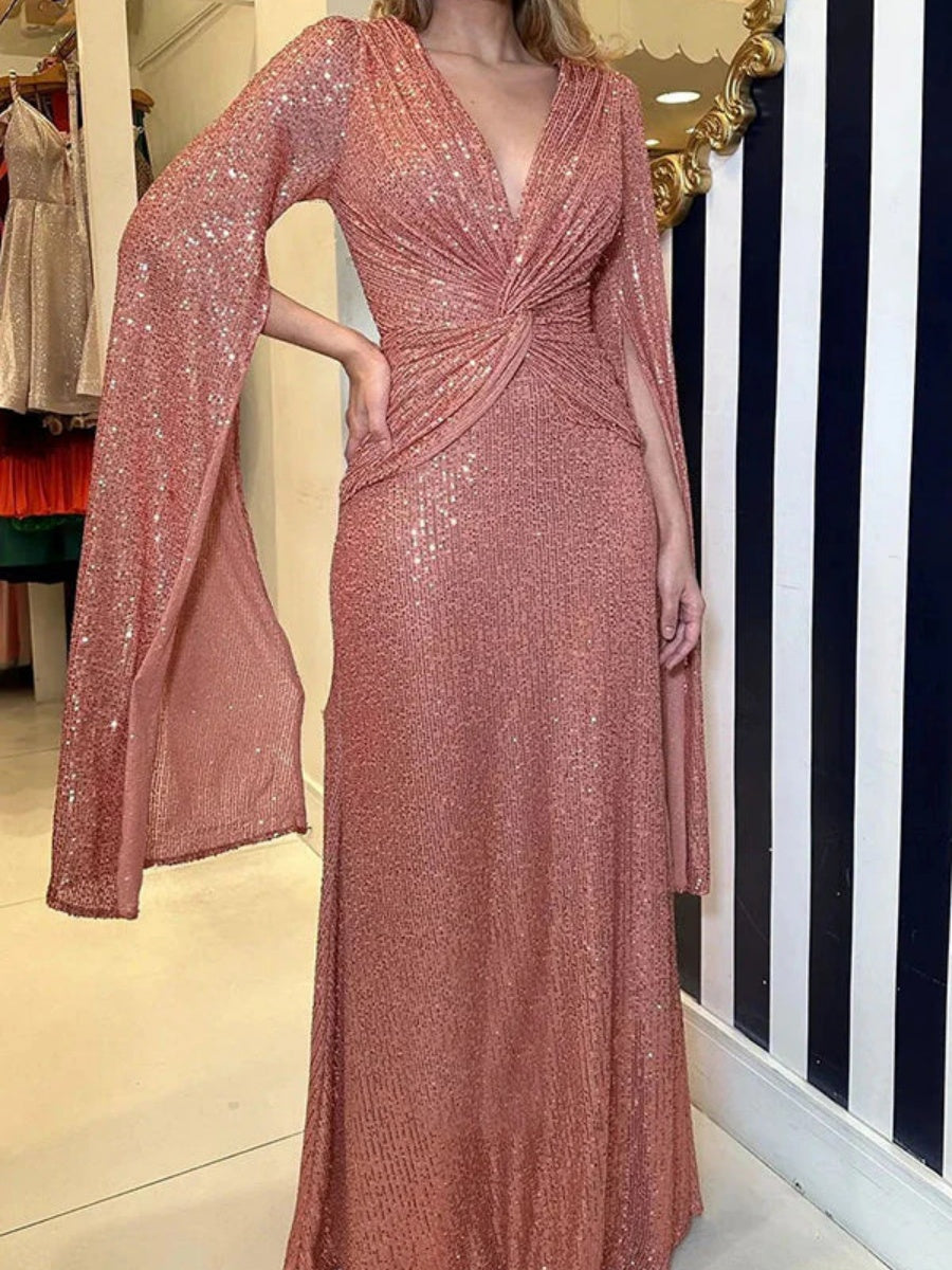 V-neck Hip-hugging Sequins Cloak Parties Maxi Dresses