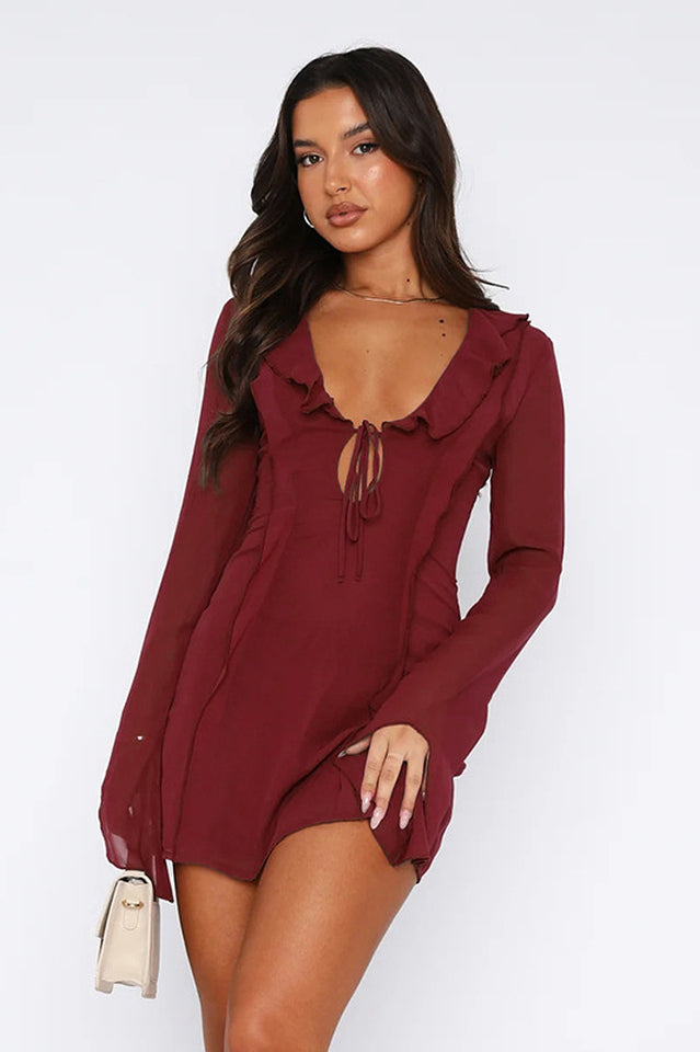 Ruffle Trim Tie Front Keyhole Deep V Neck Long Bell Sleeve Chiffon Mini Dress