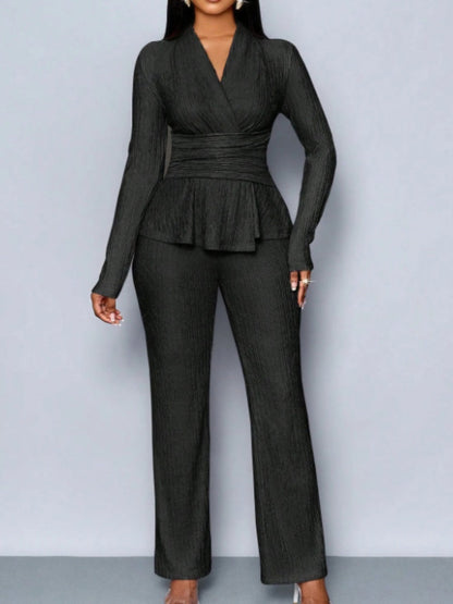 Long-sleeved, Irregular Hem, Fitted Top And Slimming Solid Color Trousers Two-piece Set