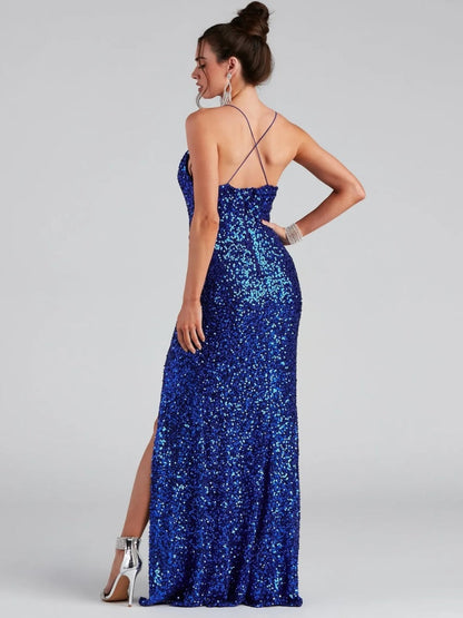 Sequins Slit Sexy Camisoles Formal Dress Maxi Dresses