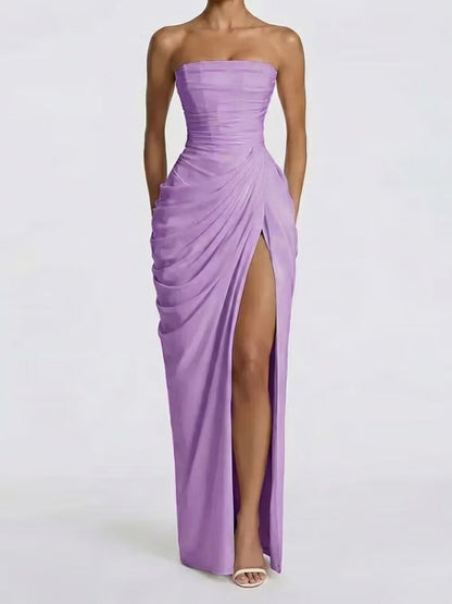 Pleated Slit Strapless Waist Maxi Dresses
